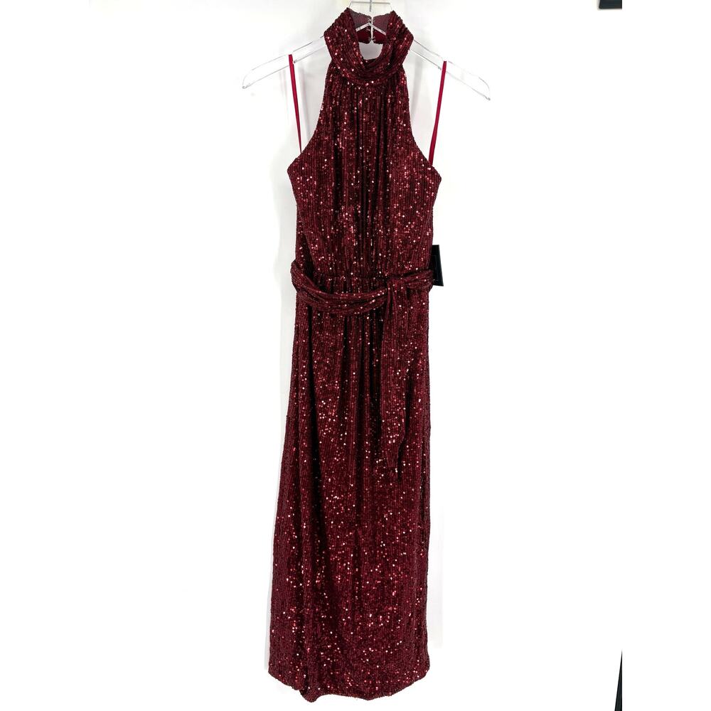 MAC DUGGAL Dress Size 2 Evening Gown Sequin Halter Maroon Red NEW